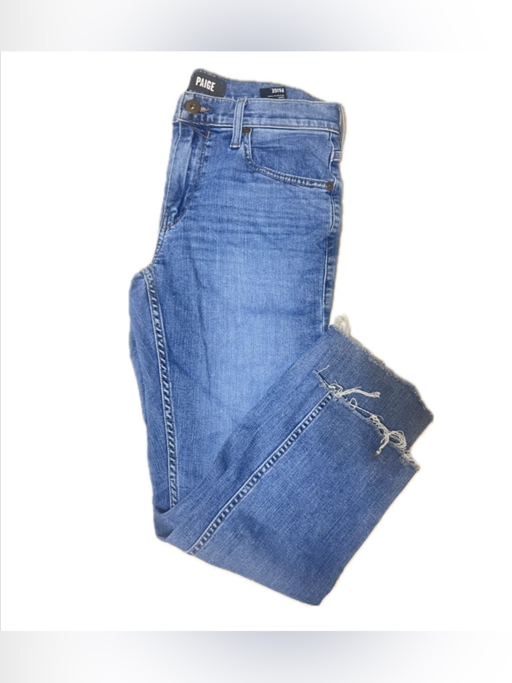PAIGE Blue Ankle Crop Distressed Hem Jeans
